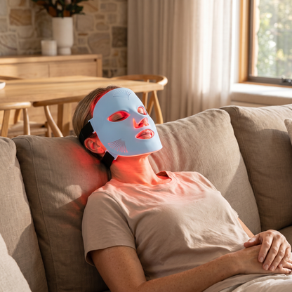 Omnitality Clariva Dual-Light Face Mask being used while relaxing on a couch at home