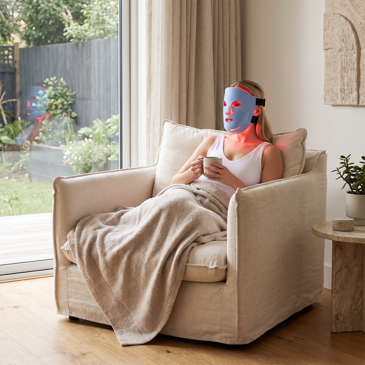Omnitality Clariva Dual-Light Face Mask in a relaxed at-home wellness routine