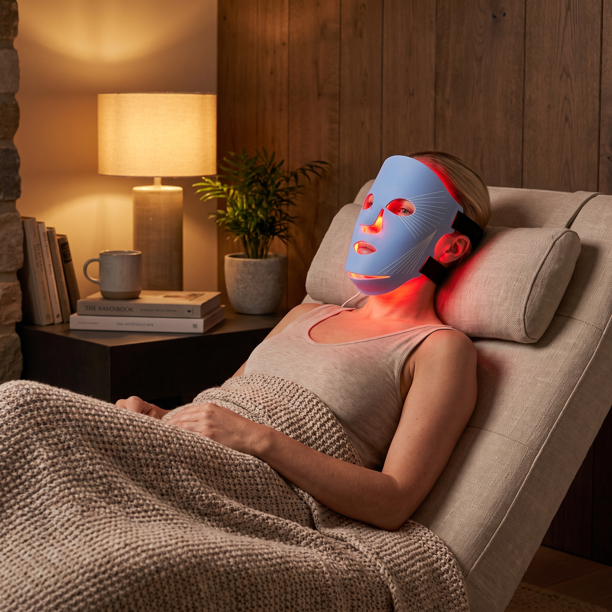 Omnitality Clariva Dual-Light Face Mask in a calm evening at-home routine