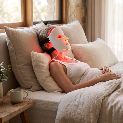Omnitality Lumora Red Light Face Mask being used while relaxing on a bed at home
