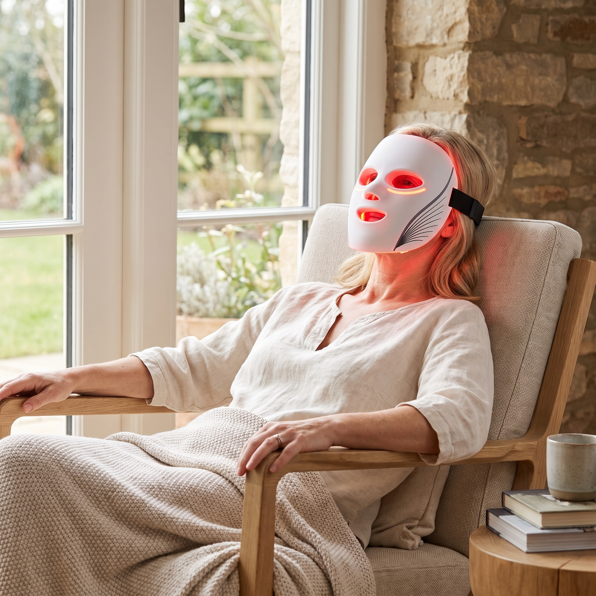 Omnitality Lumora Red Light Face Mask in a relaxed at-home wellness routine