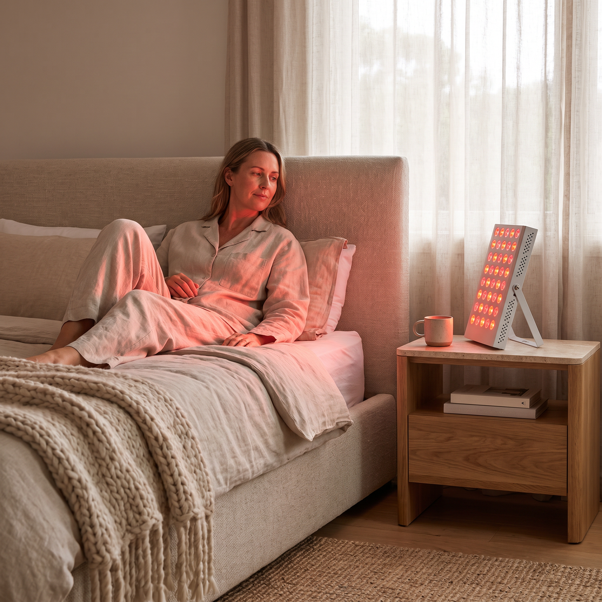 Omnitality PulseMini Compact Red Light Panel being used while relaxing on a bed at home