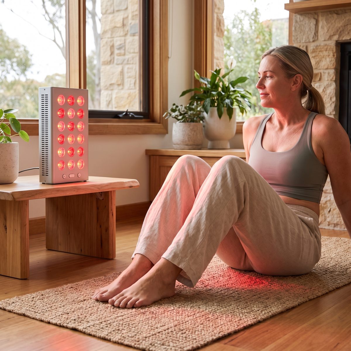 Omnitality PulseMini Compact Red Light Panel in a relaxed at-home wellness routine