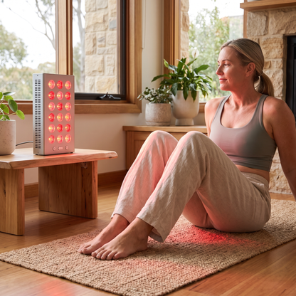 Omnitality PulseMini Compact Red Light Panel in a relaxed at-home wellness routine