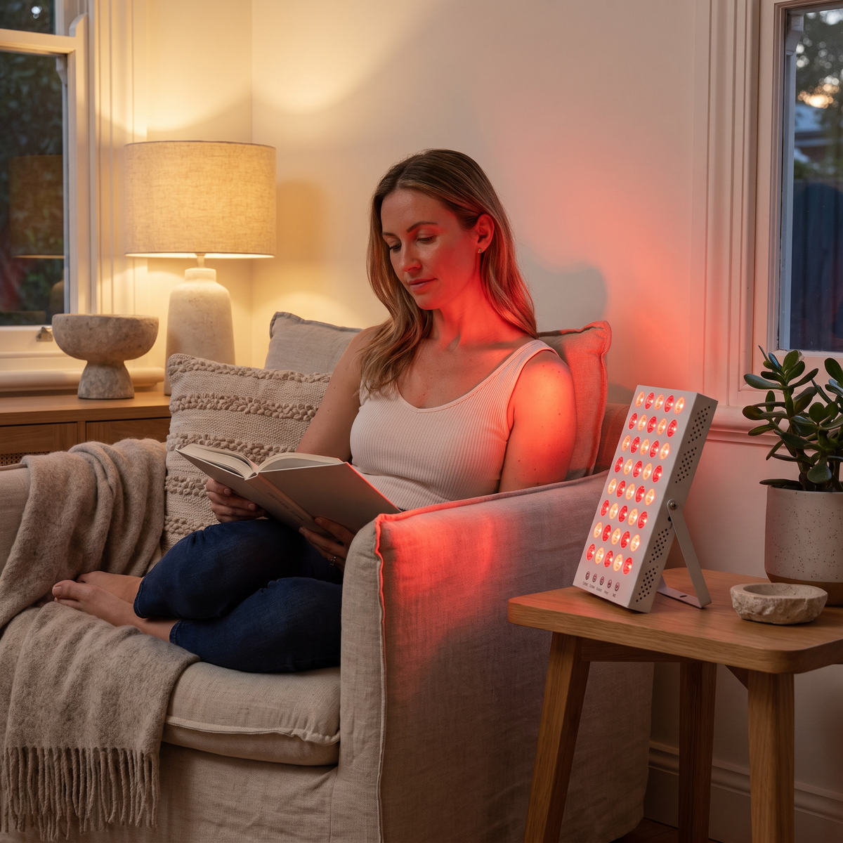 Omnitality PulseMini Compact Red Light Panel in a calm evening at-home routine