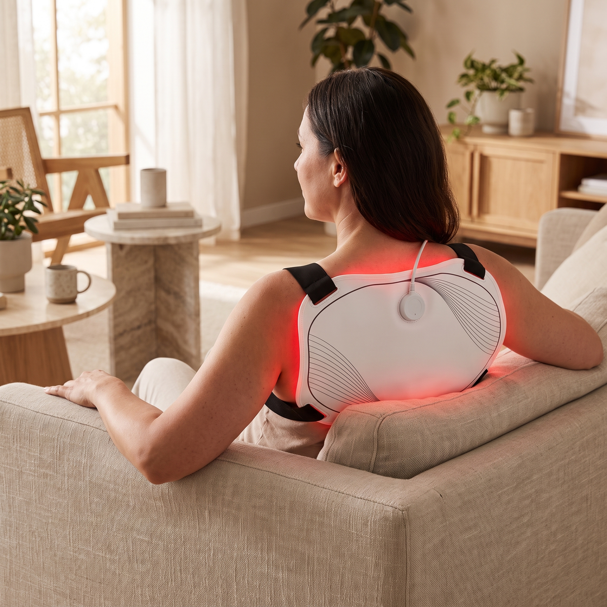 Omnitality RadiantCore Flexible Full-Body LED Panel being used while relaxing on a couch at home