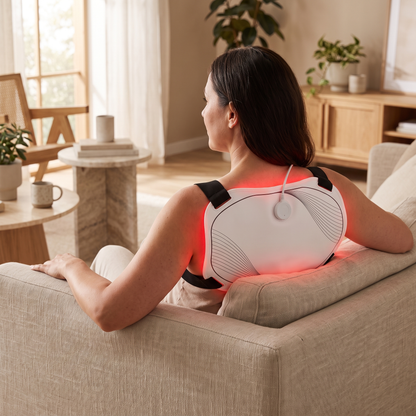 Omnitality RadiantCore Flexible Full-Body LED Panel being used while relaxing on a couch at home