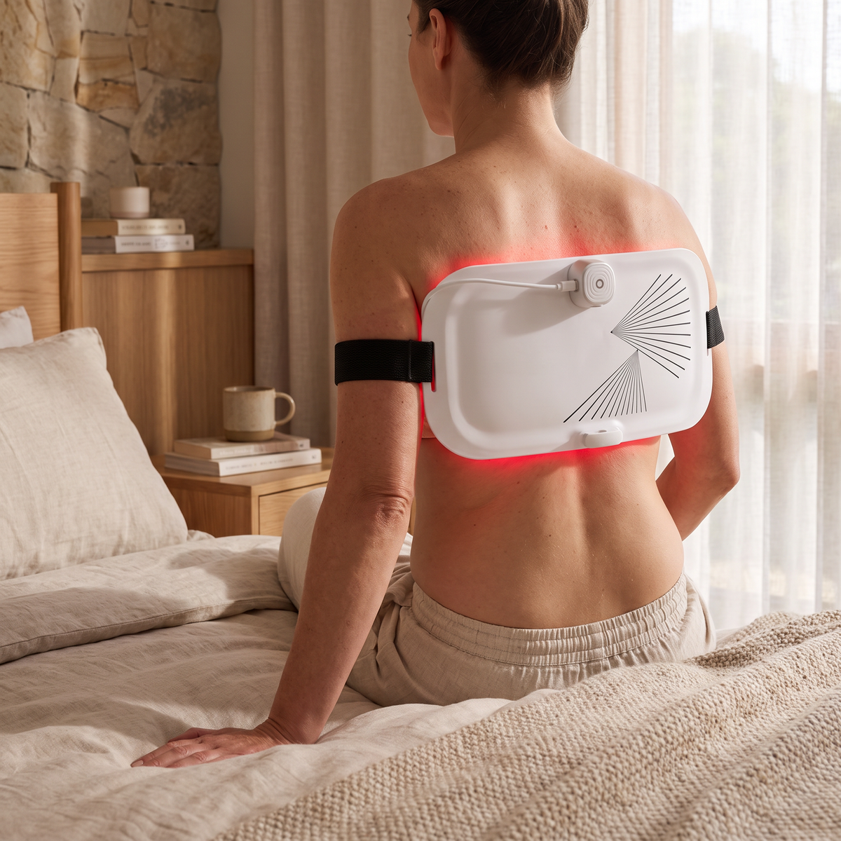 Omnitality RadiantCore Flexible Full-Body LED Panel being used while relaxing on a bed at home