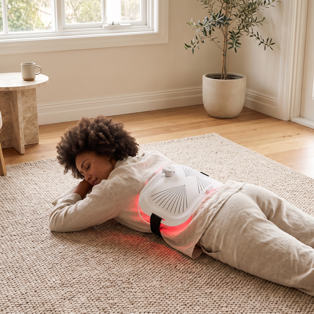 Omnitality RadiantCore Flexible Full-Body LED Panel in a relaxed at-home wellness routine