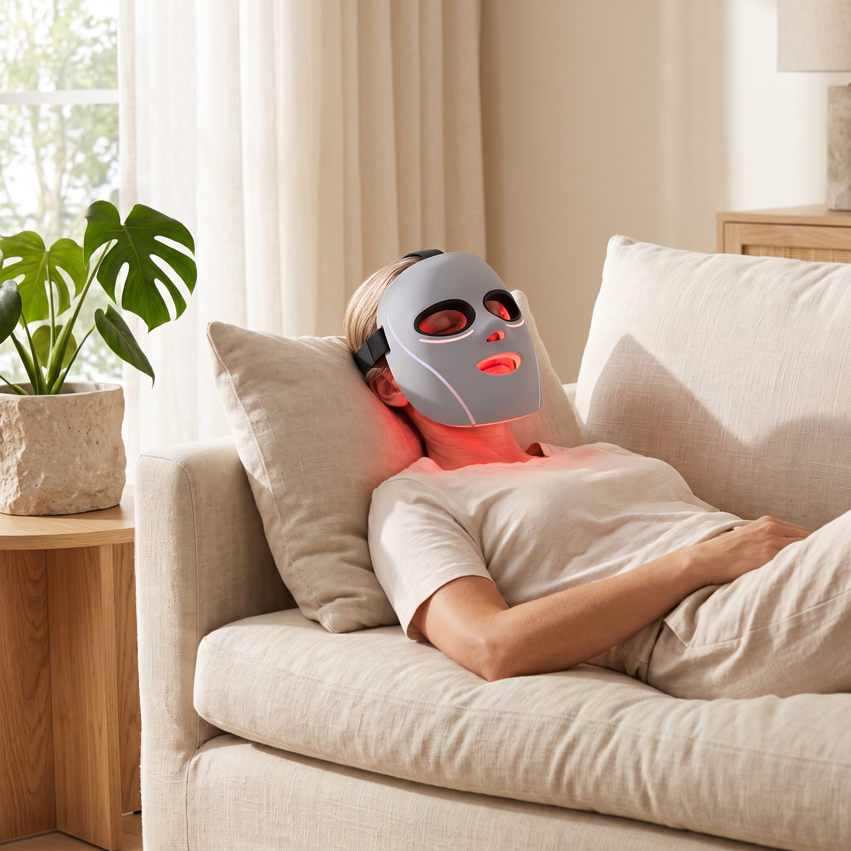 Omnitality SpectraFlex Multi-Light Face Mask being used while relaxing on a couch at home