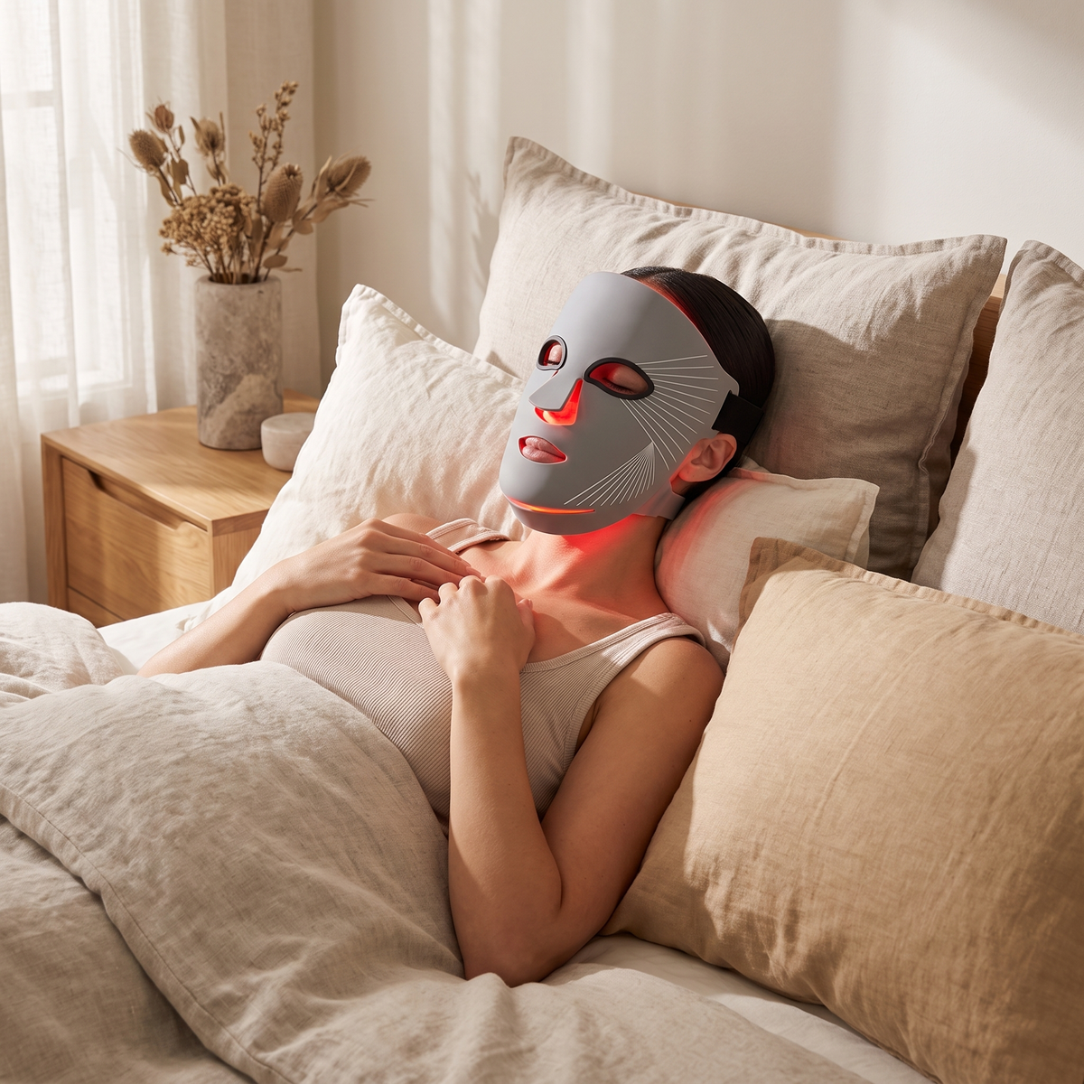 Omnitality SpectraFlex Multi-Light Face Mask being used while relaxing on a bed at home